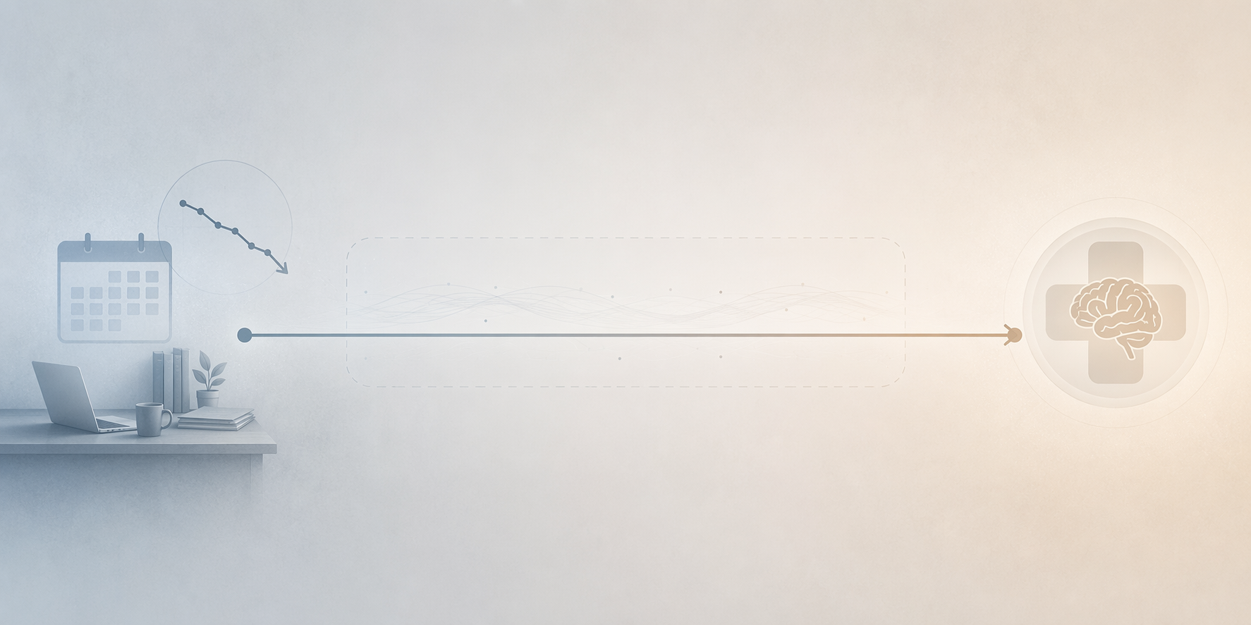 A calm timeline connects a work-desk icon to a brain-health icon, suggesting years between work changes and clinical recognition.