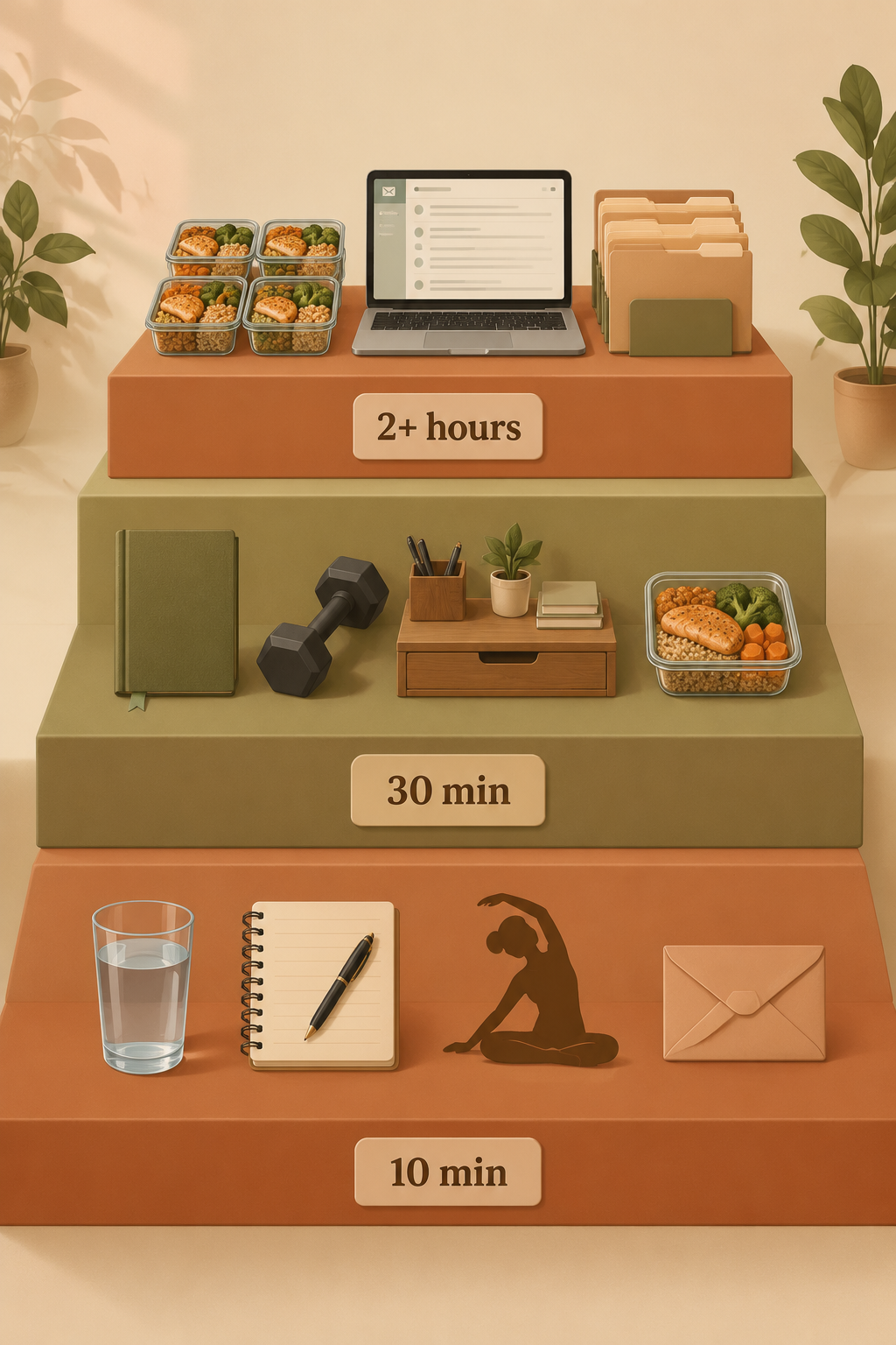 Three-tiered illustration of 10 minute, 30 minute, and 2 plus hour productivity actions including stretching, water, journaling, reading, exercise, desk tidying, meal prep, organized files, and inbox cleanup