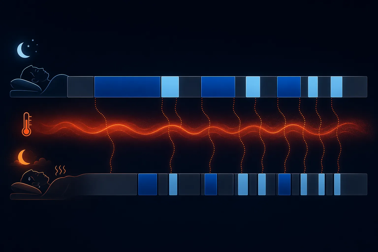 A diagram comparing normal sleep architecture with heatwave-disrupted sleep showing delayed onset and reduced deep sleep and REM blocks