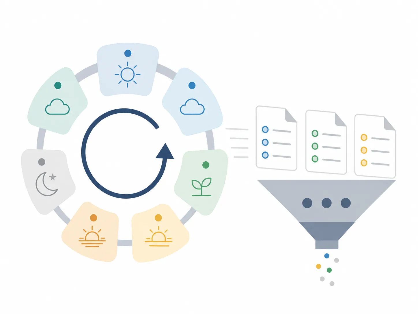 Conceptual weekly checklist reset loop with generated pages passing through a filter