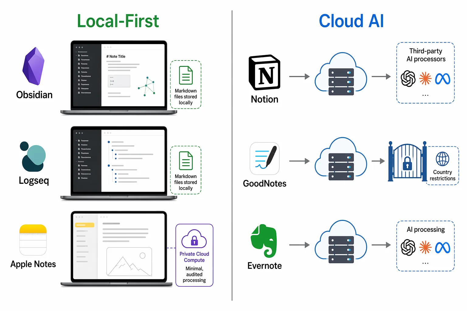 Comparison of local-first note apps and cloud AI note apps with different data paths