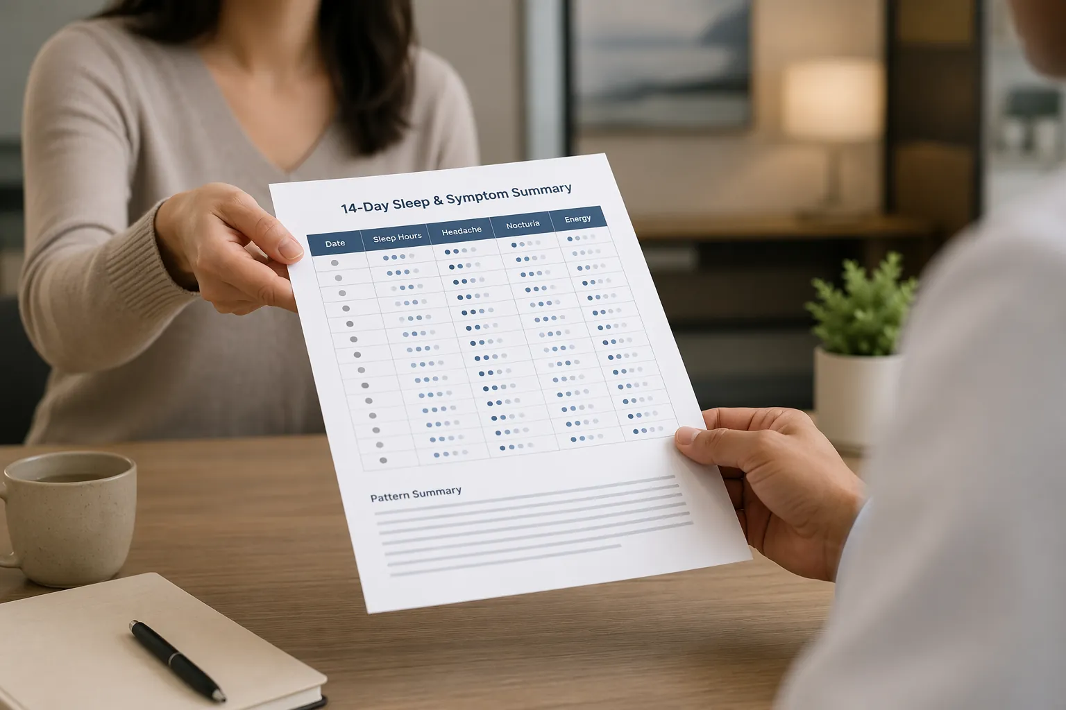 Patient handing a 14-day sleep and symptom summary with a table and pattern paragraph to a clinician