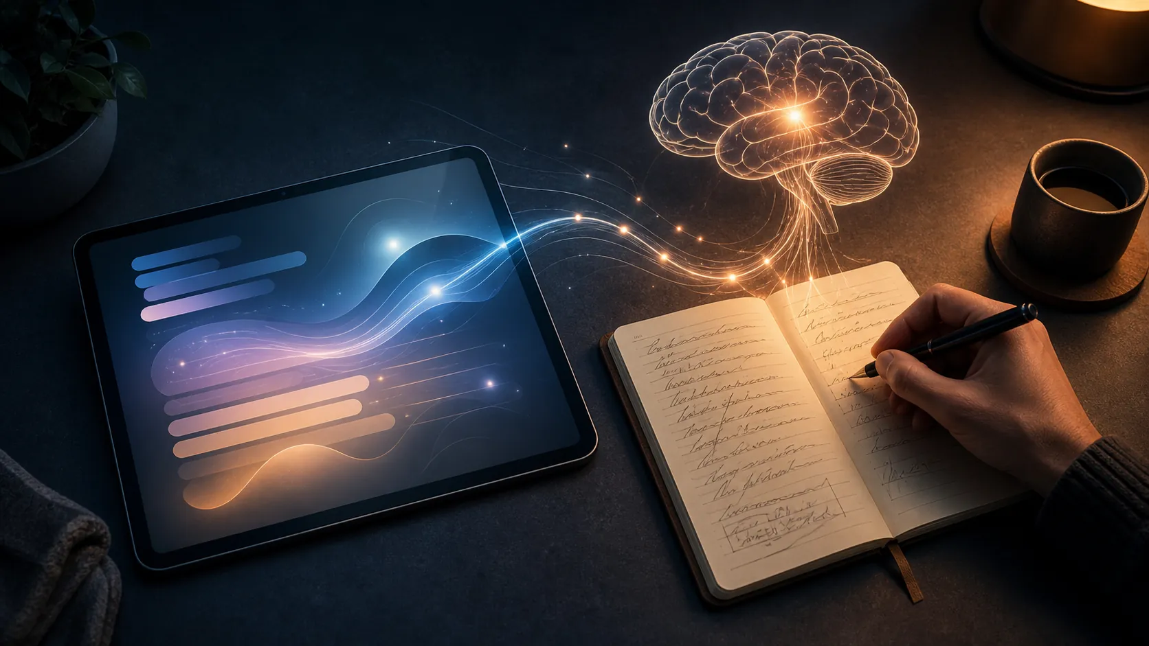 Desk scene contrasting polished AI-generated notes on a tablet with messy handwritten notes and a stylized brain