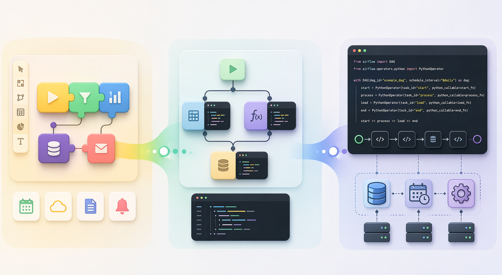 Three-tier spectrum from no-code to hybrid to code-first workflow orchestration