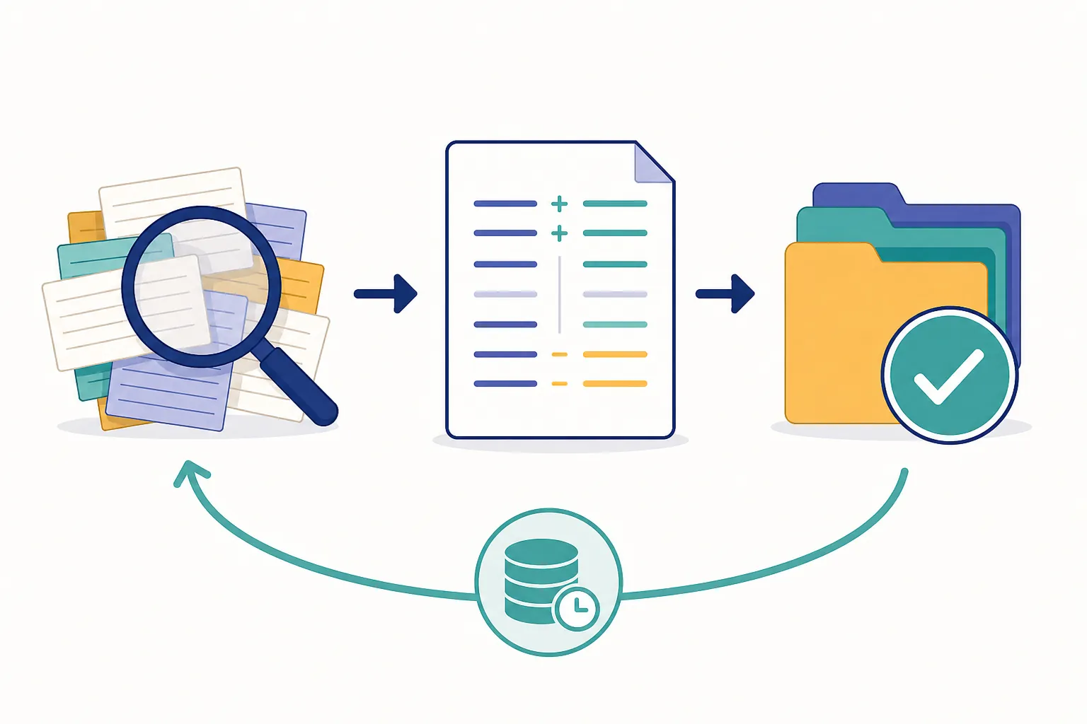 Process diagram showing audit, diff review, approved cleanup, backup, and version control around messy notes