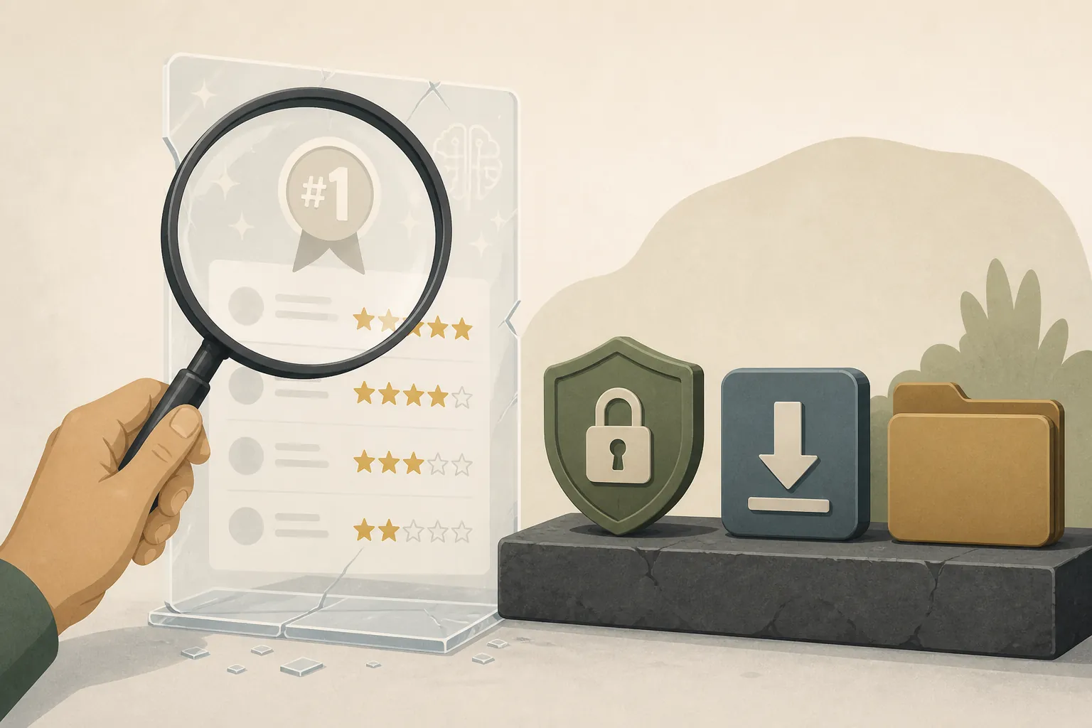 Magnifying glass examining a ranked AI note-app card beside privacy, export, and local-storage icons