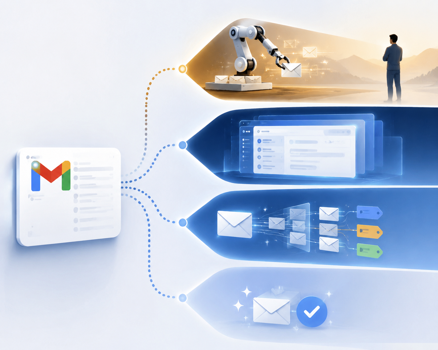Illustration of four Gmail AI inbox setup paths from passive assistance to full delegation