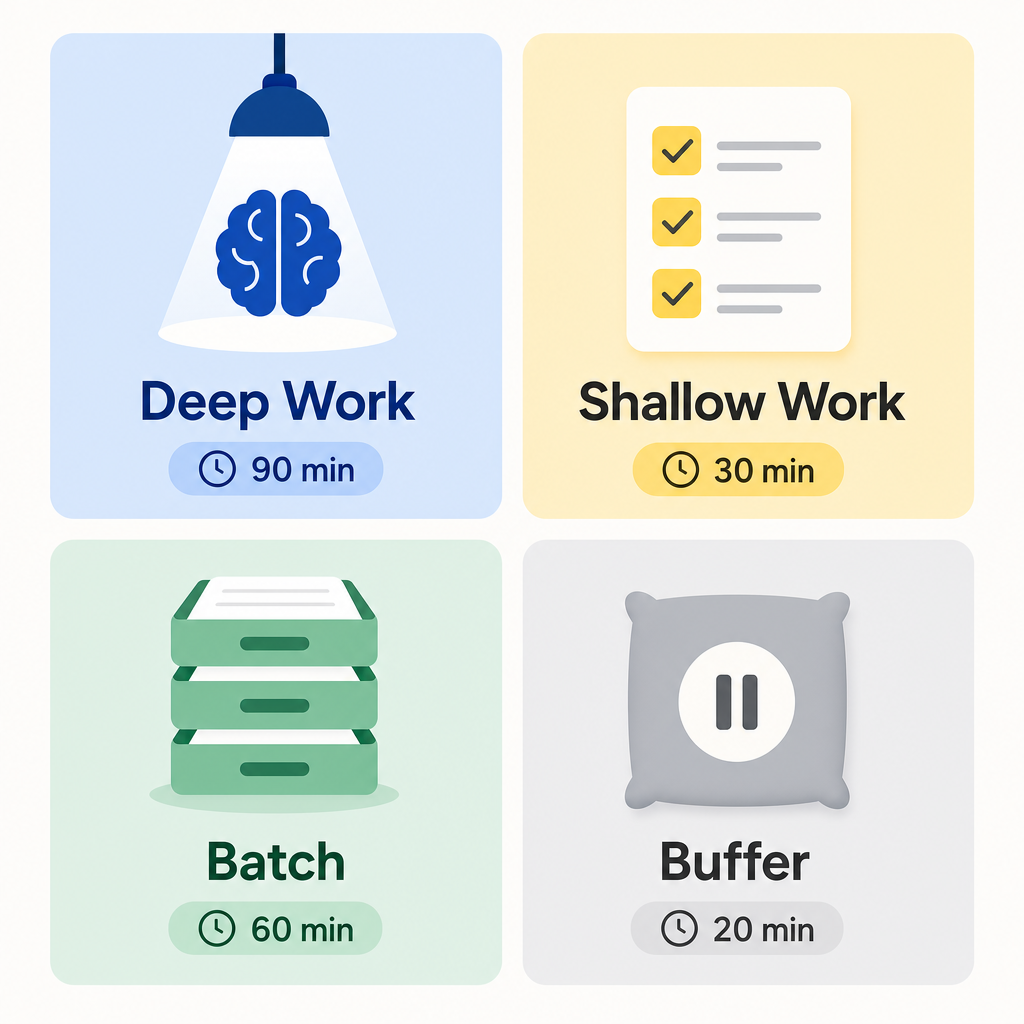 A 2x2 grid of four block type cards: Deep Work (blue, 90 min), Shallow Work (yellow, checklist), Batch (green, stacked items), and Buffer (gray, 30 min).