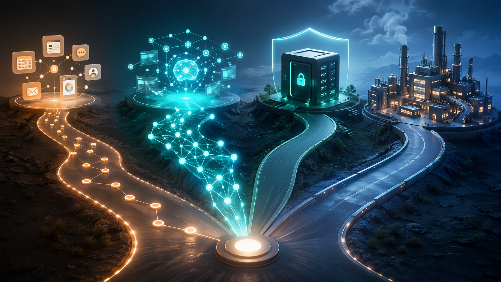 Four diverging paths representing no-code connectors, AI-native builders, fair-code self-hosted platforms, and enterprise suites