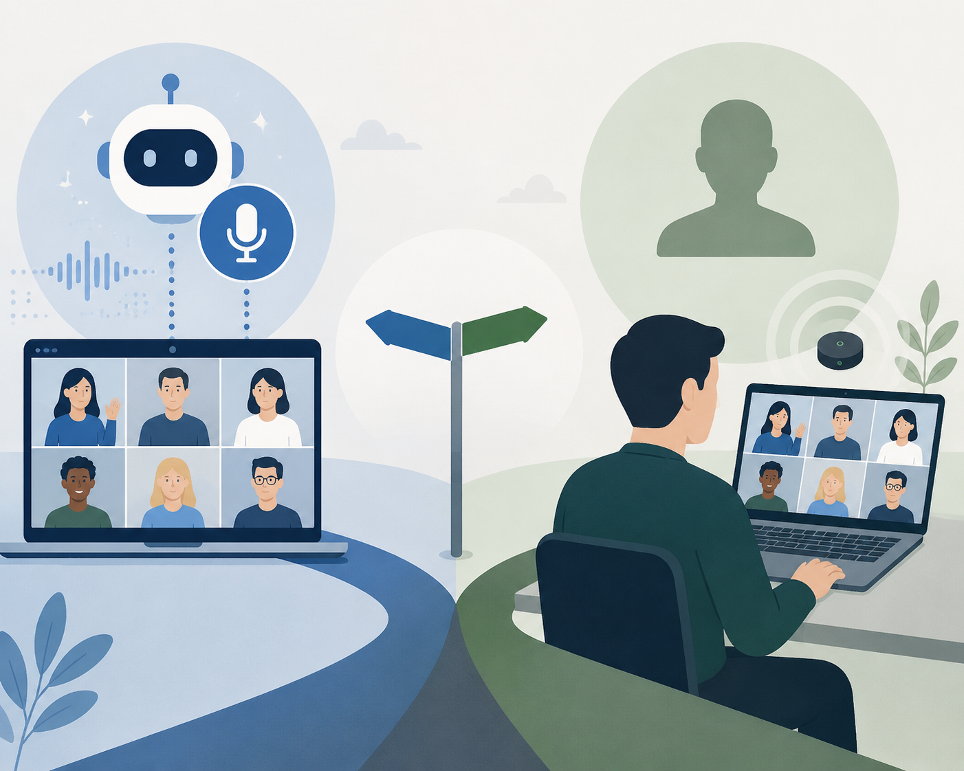 Split illustration comparing bot-based AI meeting capture with botless device-side note taking