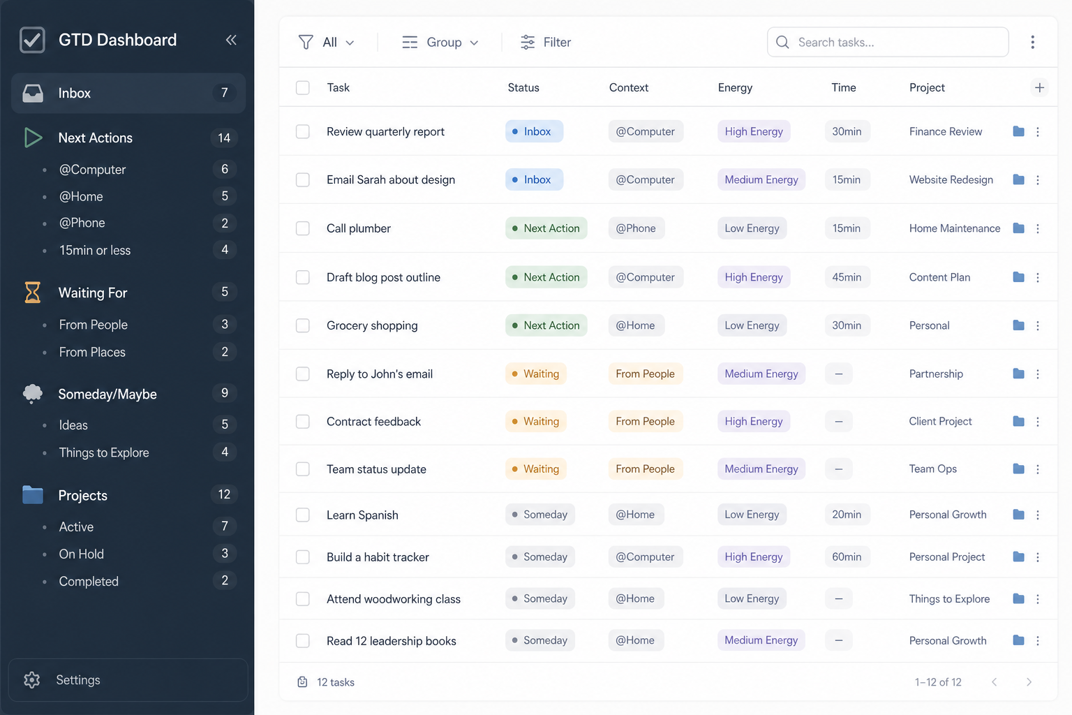 Split-panel illustration of a GTD workspace in Notion showing a dark sidebar with GTD pages and a filtered task database with colored status and context tags