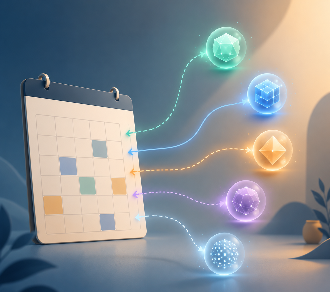 Abstract calendar grid with colorful AI agent orbs approaching along separate paths
