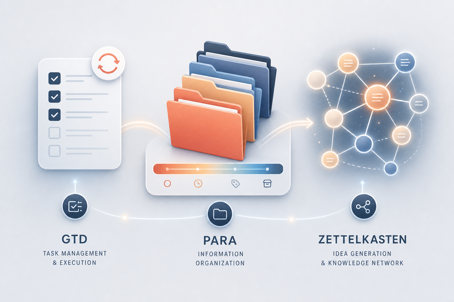 Three productivity systems represented as complementary tools: a checklist (GTD), stacked folders on a gradient (PARA), and interconnected network nodes (Zettelkasten).