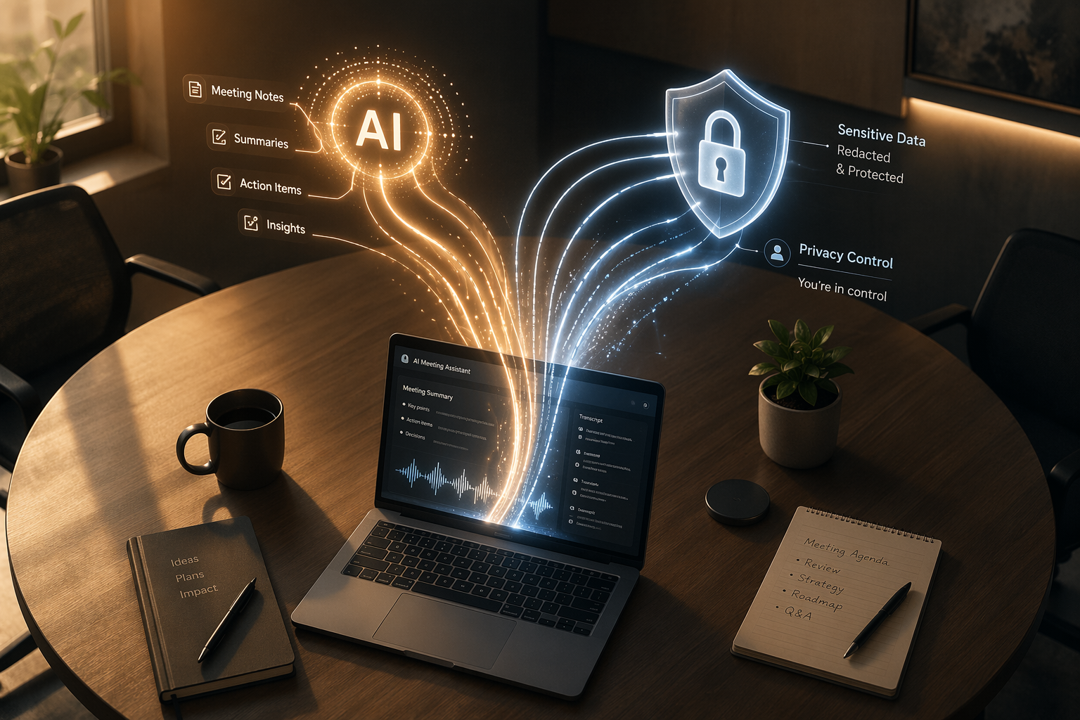 Meeting table with data streams routed between an AI icon and a privacy shield