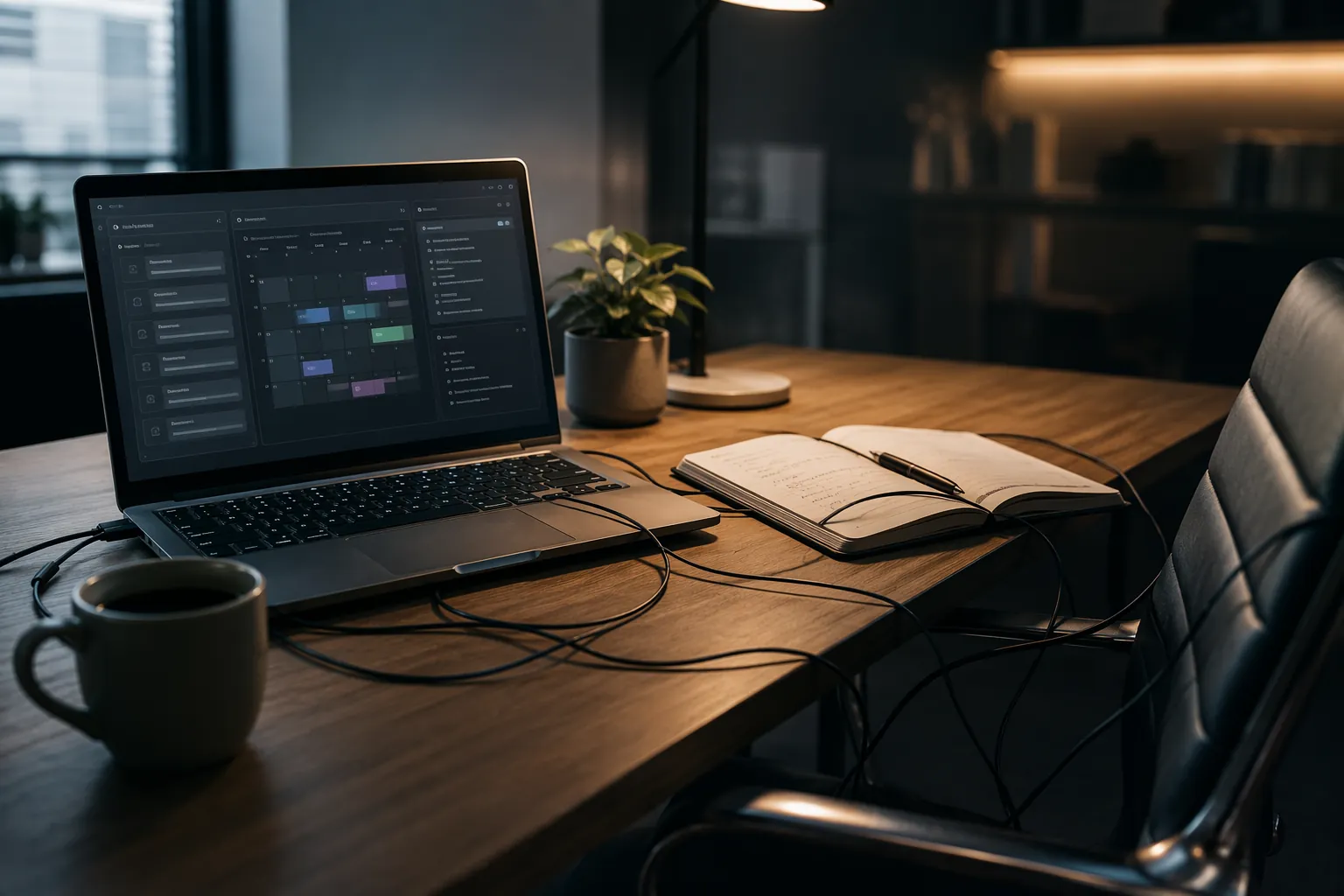 Laptop AI assistant organizing tasks, calendar blocks, and meeting notes while dark tethers wrap around a notebook and empty chair
