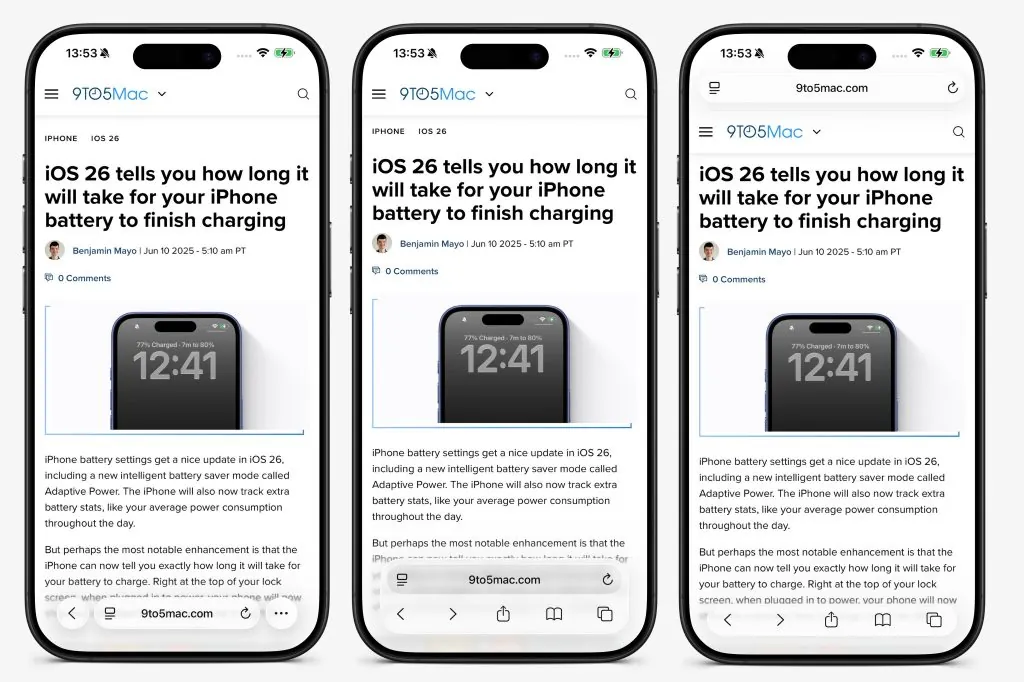 Side-by-side iPhone screenshots comparing Safari Compact, Bottom, and Top address bar layouts