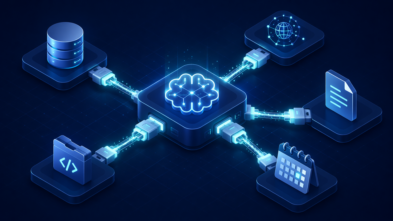 Conceptual illustration showing a central AI model connected via standardized plug connectors to external tools and data sources.