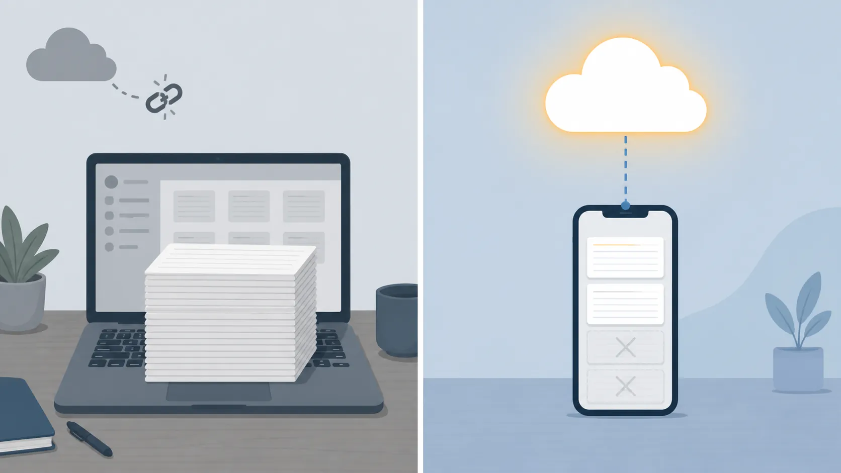 Diagram contrasting a full local collection of notes on a laptop with a partial cloud cache on a smartphone