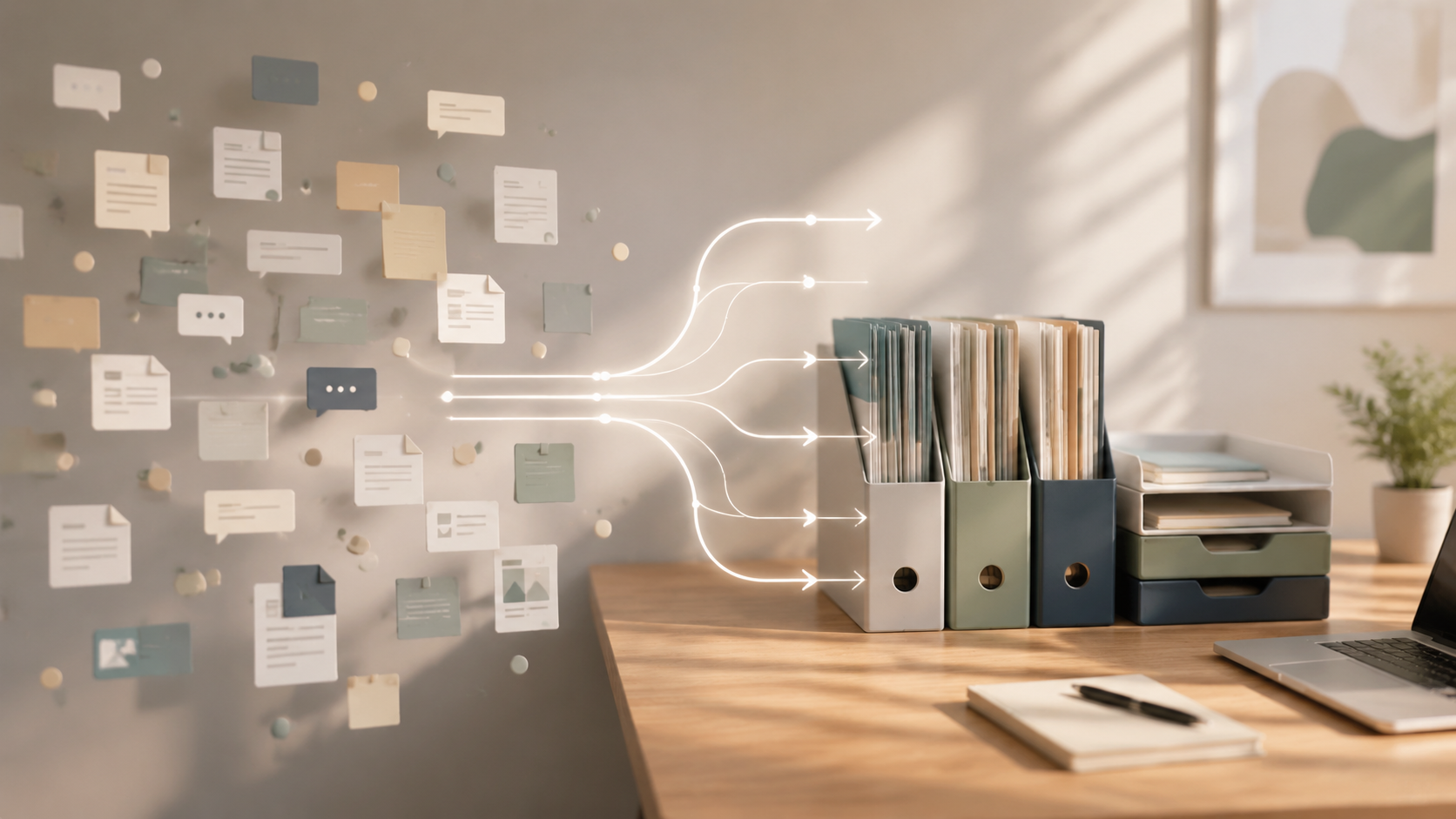 Scattered notes and message fragments converging into organized document stacks beside a laptop