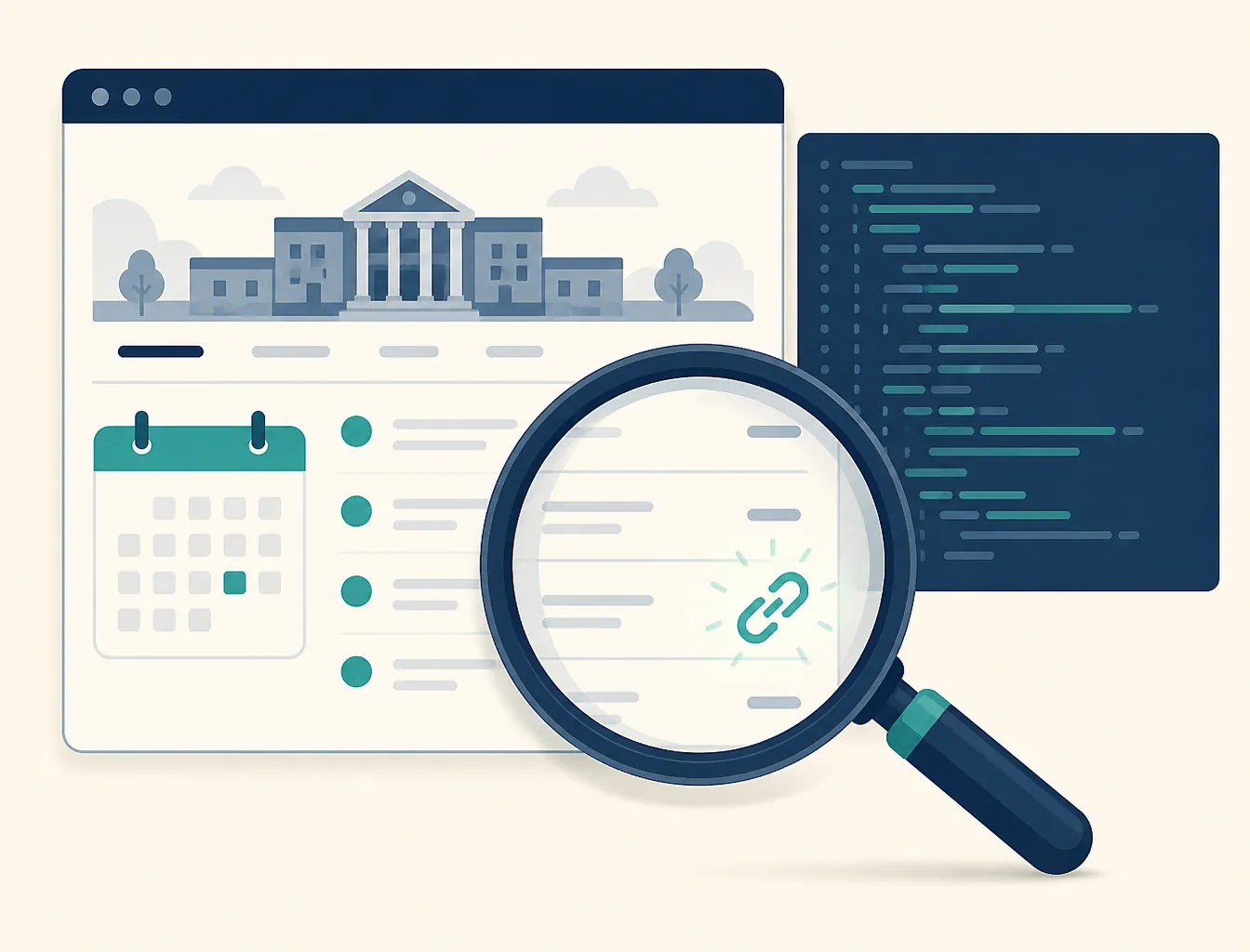 Magnifying glass checking a calendar webpage and its source code for a subscription link