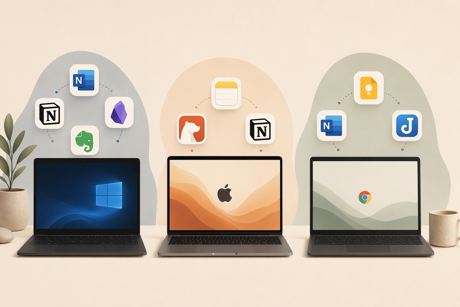 Three laptop silhouettes representing Windows, Mac, and Chromebook with corresponding note-taking app icons