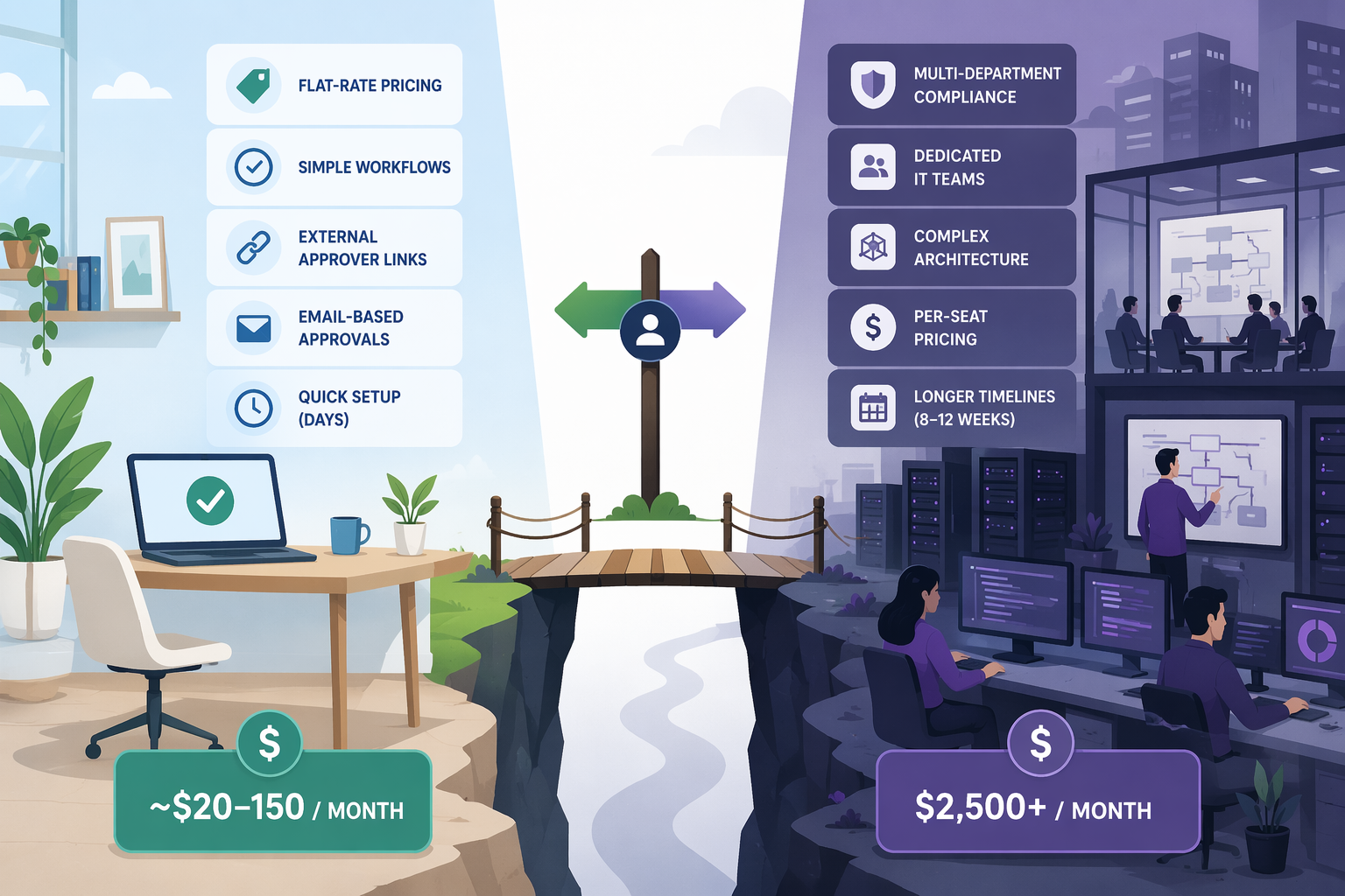 Editorial illustration split into two halves: left side shows a clean workspace with simple checkmarks, a $20-150/month price tag, email and external link icons representing SMB approval tools; right side shows a complex corporate environment with layered compliance symbols and a $2,500+/month price tag for enterprise tools.