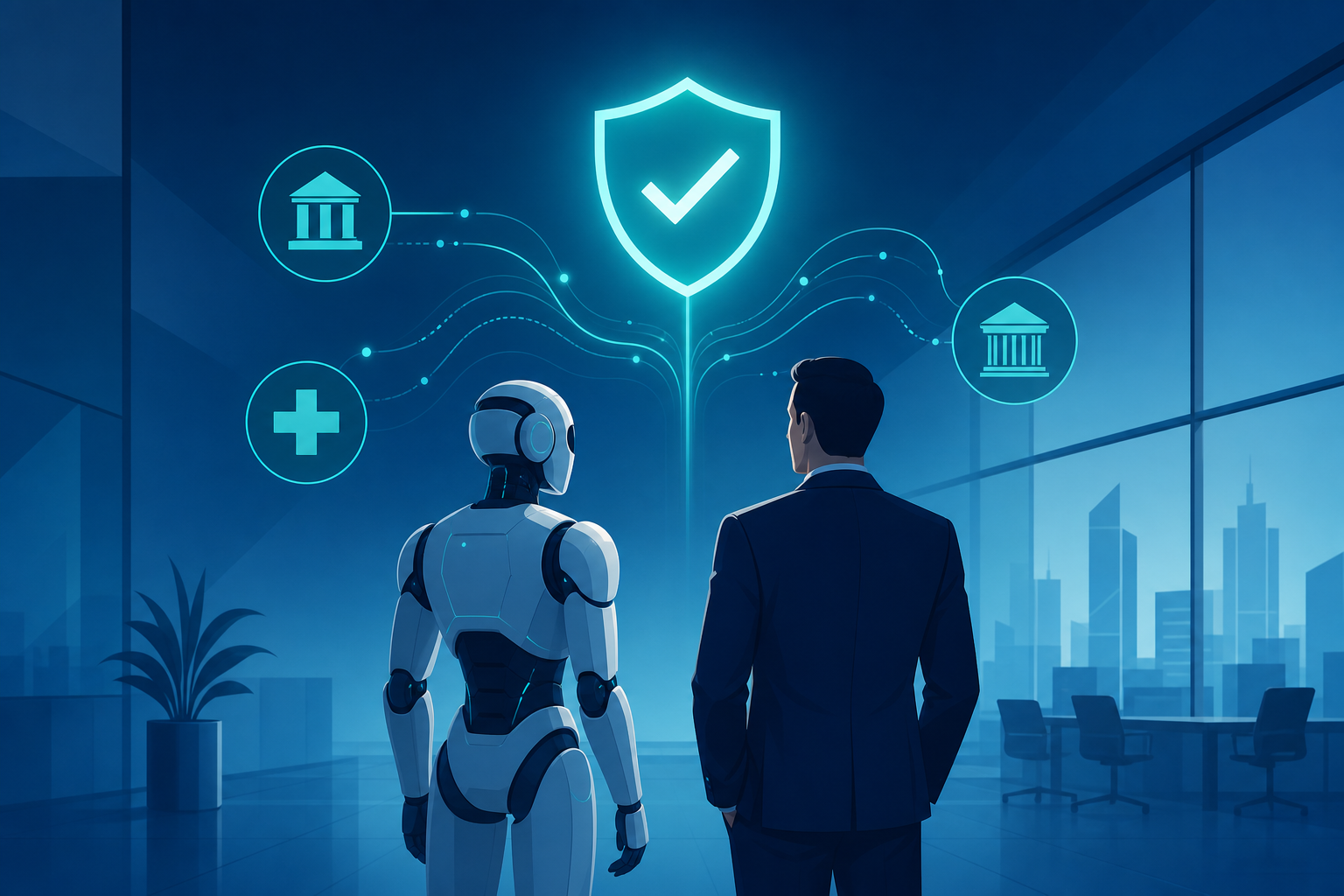 A stylized digital worker robot silhouette beside a human silhouette in an enterprise office setting, with a glowing shield icon above them representing governance and security, and subtle data flow lines connecting to banking, healthcare, and insurance building icons in the background.