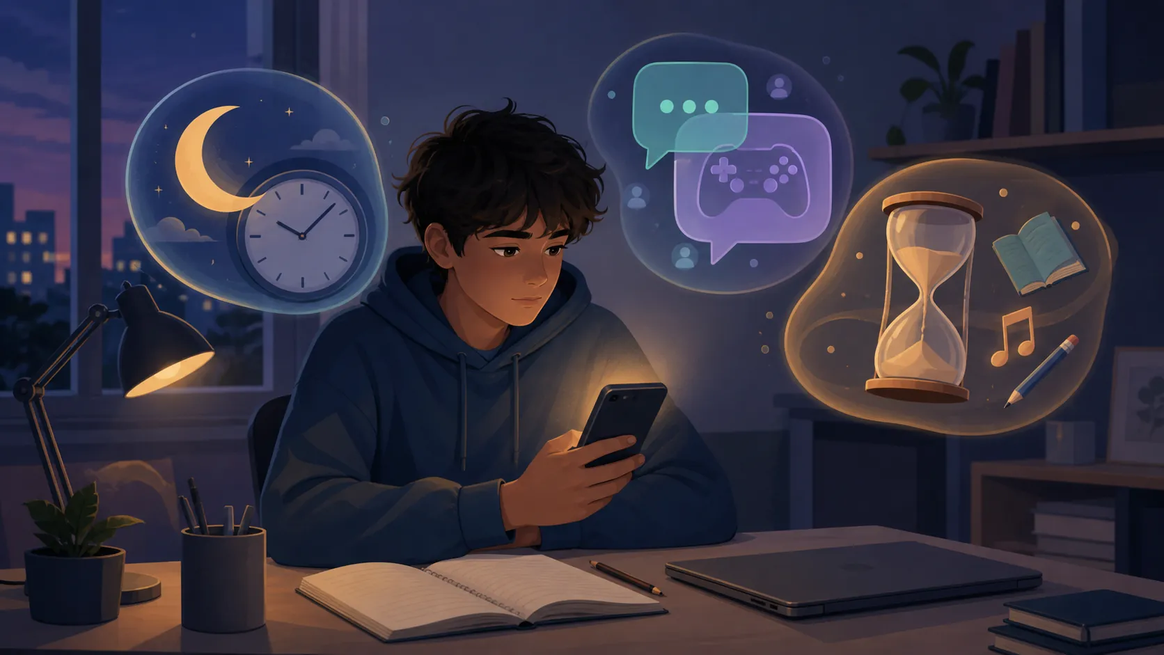 Teen studying at an evening desk with a glowing phone, notebook, laptop, clock, chat bubbles, and drifting school and entertainment symbols