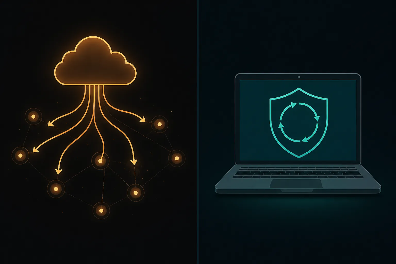 Comparison of cloud AI sending data outward and a local laptop keeping AI processing on the machine