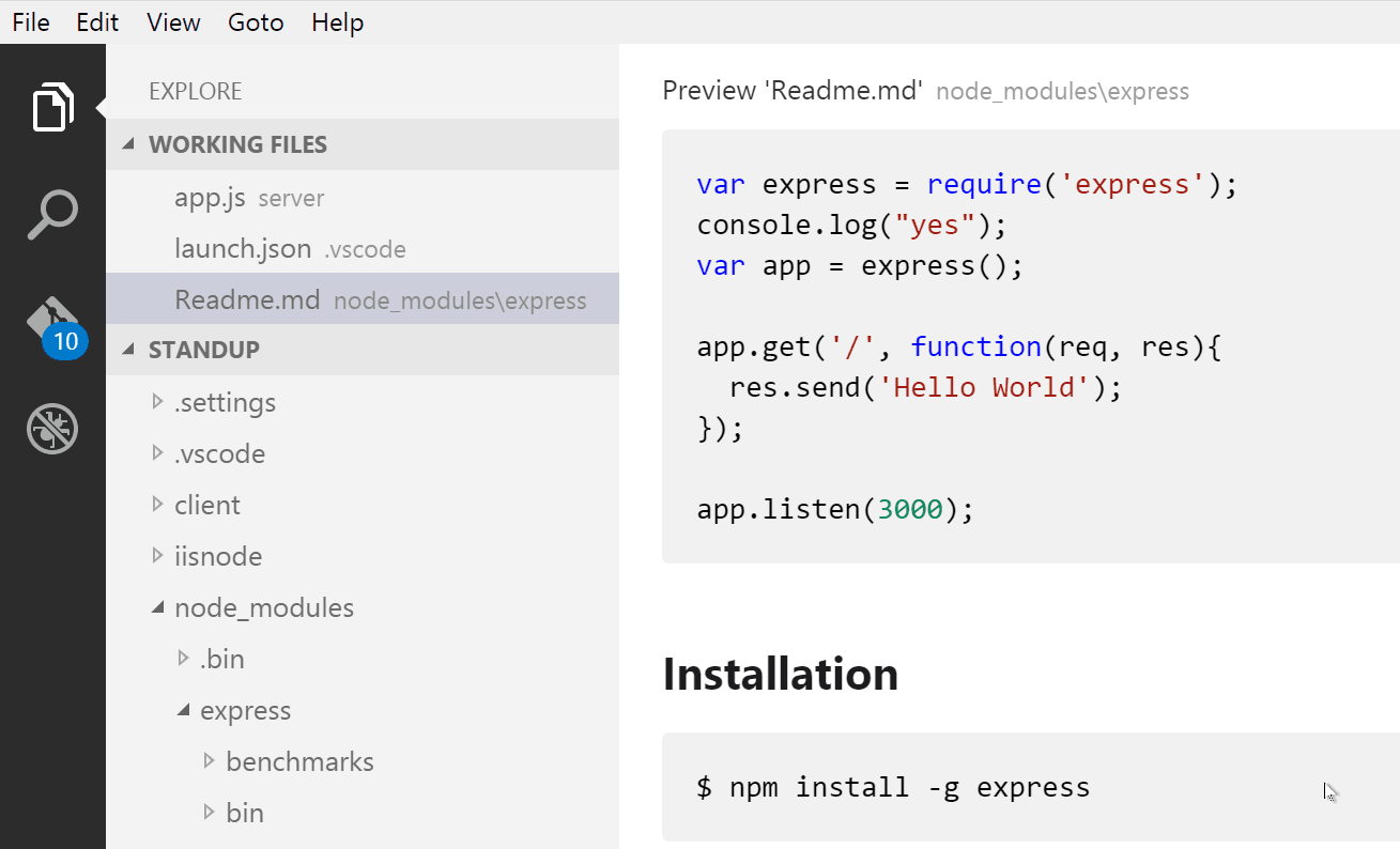 Visual Studio Code showing Markdown source beside rendered Markdown preview