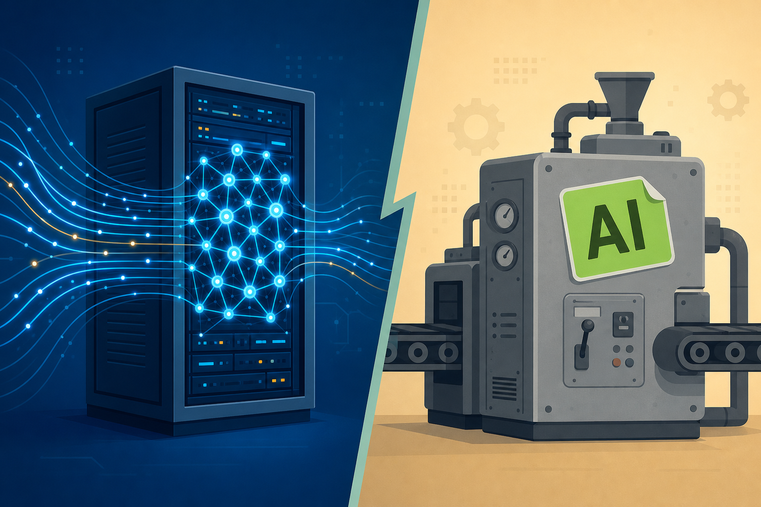 Side-by-side illustration contrasting genuine AI architecture with superficial AI labeling on automation tools.