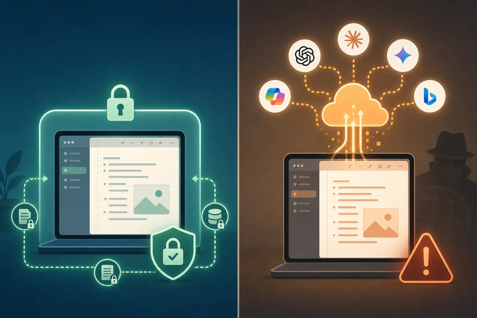 Secure local-note processing contrasted with cloud AI processing through third-party providers