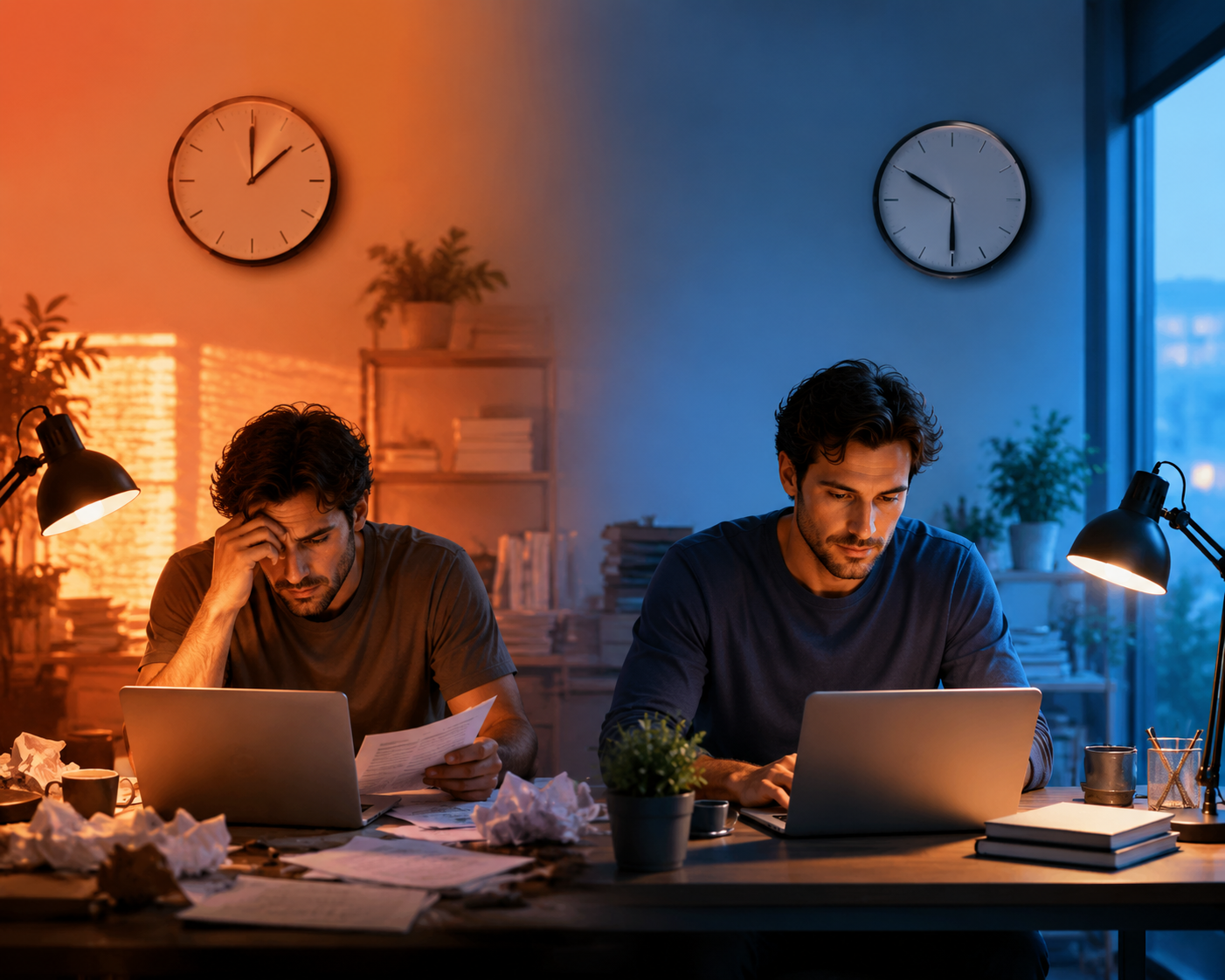 Split scene showing a fatigued worker in hot midday conditions and the same worker alert in a cooler redesigned schedule