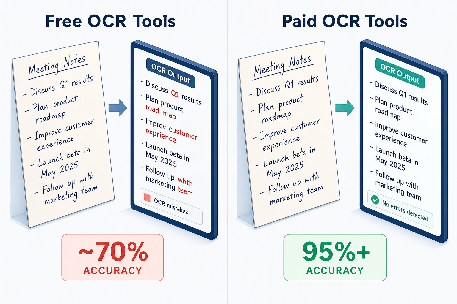 Comparison visual: left side labeled 'Free OCR Tools' shows a handwritten note with errors highlighted in red and a '~70%' accuracy badge; right side labeled 'Paid OCR Tools' shows the same note perfectly transcribed with a green '95%+' accuracy badge.