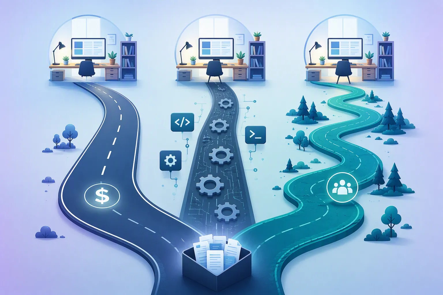 Three setup paths from imported notes to an organized workspace: paid cloud, technical local, and community-plugin route