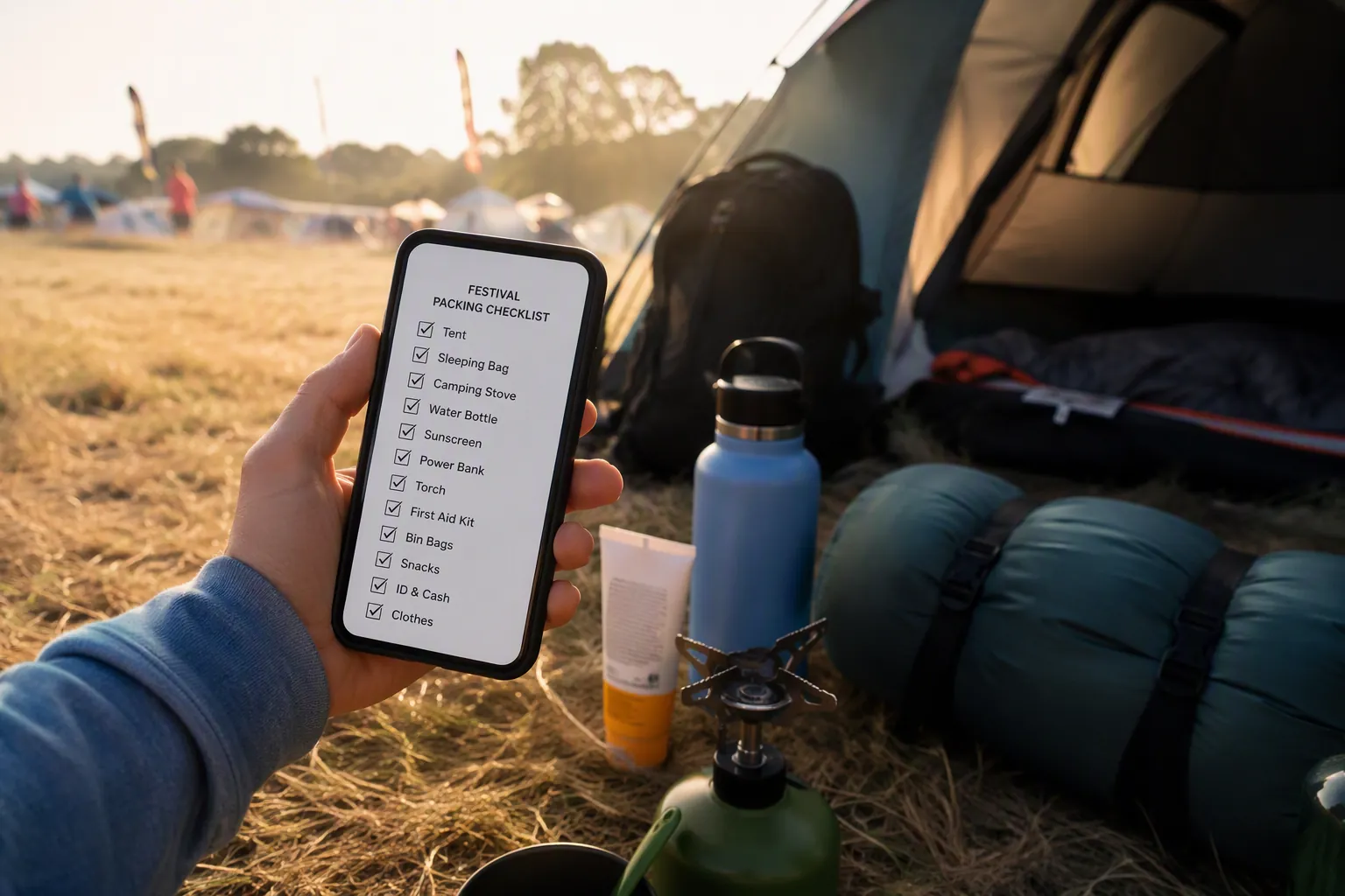 A hand holding a smartphone with a festival packing checklist beside camping gear at a misty campsite