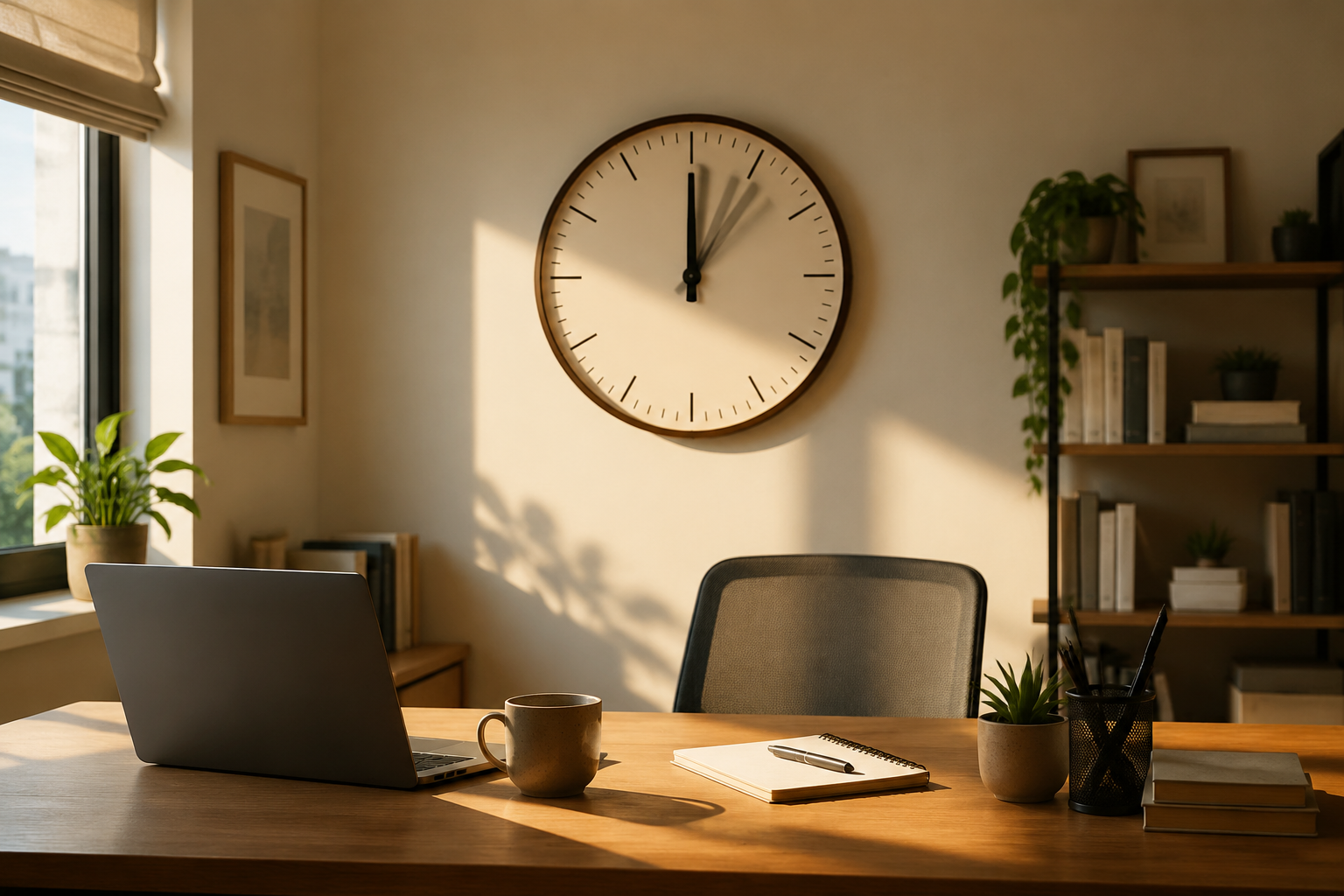 Modern home office with a blurred wall clock and warm morning sunlight over a laptop, coffee cup, and notebook